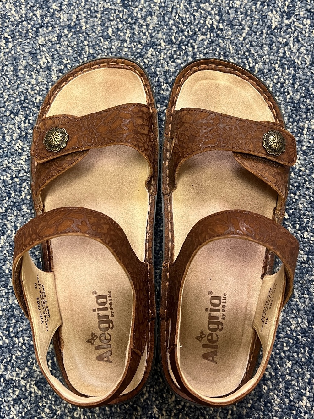 Alegria Brown Floral-Embossed Leather Women's Sandals with Decorative Button